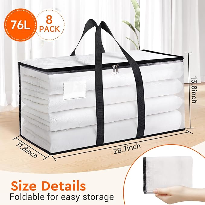 BlissTotes Clear Moving Bags Heavy Duty,76L Extra Large Storage Bags with Zipper & Reinforced Handles, Waterproof PP Moving Totes for Clothes, Bedding, Comforters, Space Saving Storage (8 Pack)