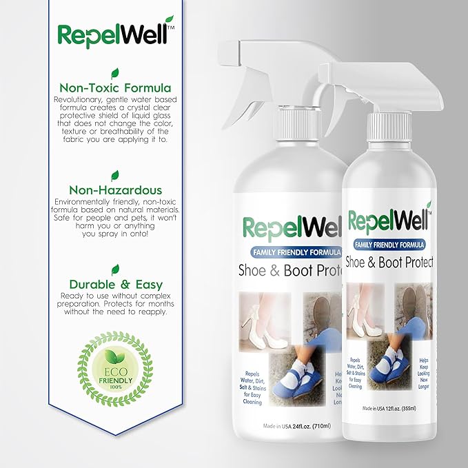 RepelWell Shoe & Boot Stain & Water Repellent (12oz) Eco-Friendly, Pet-Safe Spray Keeps Fabric, Leather & Suede Clean & Dry