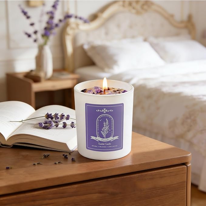 Lavender Scented Candle Gift - 10oz Natural Soy Wax with Crystals, 60H Long Lasting Aromatherapy Candle for Relaxation, Birthday Mother's Day Gifts for Women