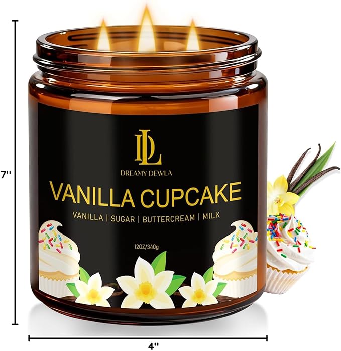 Vanilla Cupcake Scented Candle, 12oz 60 Hour Long Lasting Candles, Large 3 Wick Natural Soy Candles for Home Scented, Candle Gifts for Women Men