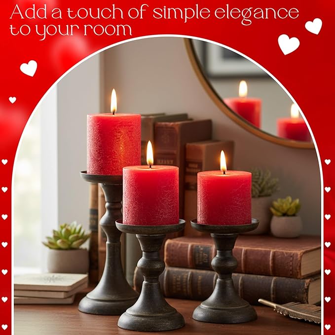 Sumind Valentine's Day Handmade 3x3 Inch Pillar Candles Set of 3, 24 Hour Long Burning Unscented Rustic No Drip Ivory Candles Hand Poured for Spring Home Decor, Weddings, Parties,Dinner,Church(Red)