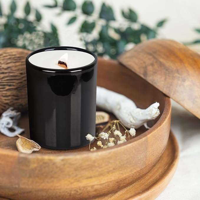 Thick Candle Jars for Making Candles 16 Pcs, 7 OZ Empty Jars with Wood Lids for Candle Making, Sample Container, Glossy Black