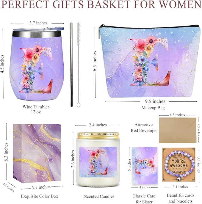 Personalized Gifts Monogrammed Birthday Gifts for Women, Daughter Bestie Friendship Christmas Halloween Initial Wine Tumbler Makeup Bag Scented Candle Bracelet Set, (Aesthetic Purple Flower E)