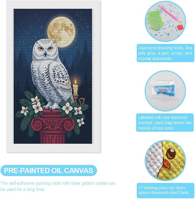 KIVJMSIDJA Snowy Owl & Candle Glow - Winter Night Scene Diamond Art Kits for Adults for Beginners, 5D Full Diamond Art Paint 12"x20"