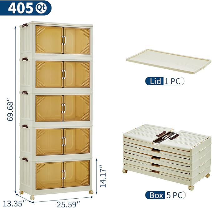 Garvee 405QT Stackable Storage Bins, Plastic Bins for Storage with Lids, Plastic Storages Drawers with Magnetic Doors & Wheels, Foldable Collapsible Closet Organizers for Home, Dorm, Office, White