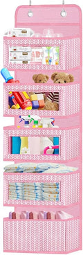 VERONLY Over The Door Hanging Organizer with 5 Large Pockets - Wall Mount Pantry Storage with 2 Big Metal Hooks for Baby Girl’s Diapers Closet, Bathroom, Nursery, Bedroom, Dorm, Baby, Kids Toys (Pink)