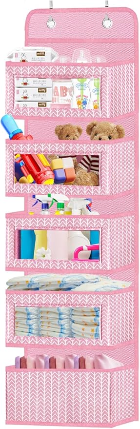 VERONLY Over The Door Hanging Organizer with 5 Large Pockets - Wall Mount Pantry Storage with 2 Big Metal Hooks for Baby Girl’s Diapers Closet, Bathroom, Nursery, Bedroom, Dorm, Baby, Kids Toys (Pink)