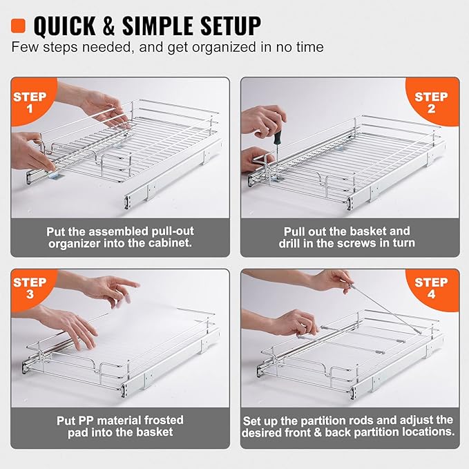 VEVOR 12.5"Wx21"Dx3.5"H Pull Out Cabinet Organizer, Heavy Duty Slide Out Pantry Shelves, Chrome-Plated Steel Roll Out Drawer, Drawer Storage for Home Under Sink, 14"Wx22"Dx7"H Install Size for Cabinet