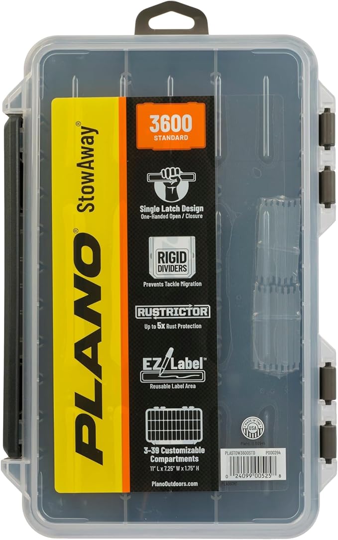 Plano StowAway 3600 Stow Tackle Box with Corrosion-Preventive Rustricor, Single Latch Design, Transparent DuraView Lid, Stackable Storage for Fishing Bait, Lures and Gear