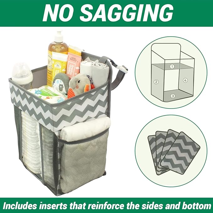 Hanging Diaper Caddy Organizer - Large Nursery Storage for Essential Newborn Baby Items - 2 Compartments, 3 Mesh Pockets - Durable Hooks to Hang on Bassinet, Changing Table, Crib