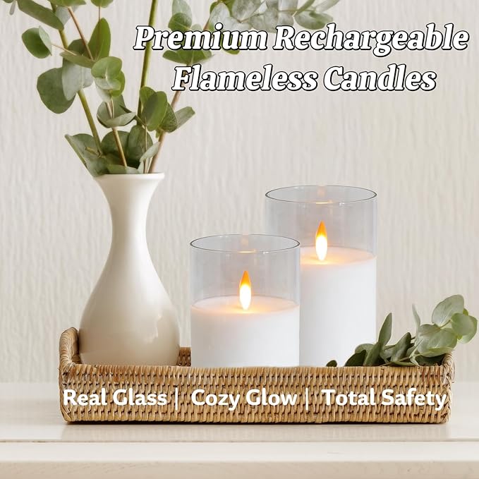 JMTONE 200 Hours Rechargeable Flickering Flameless Candles, Rechargeable Battery LED Glass Pillar Candle with Remote and Timer, Real Wax Clear Color for Living Room, Home Décor, Mother’s Day Gifts