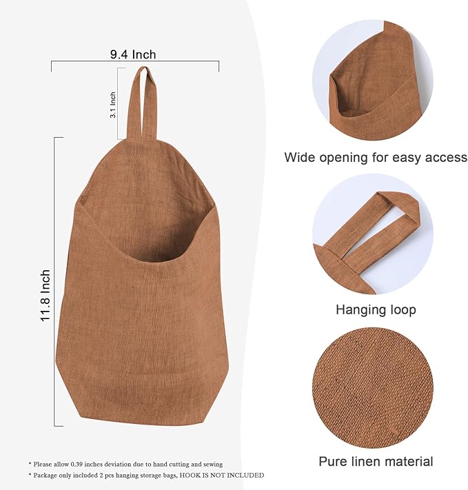 100% Linen Hanging Storage Bags Baskets 2 Pcs, Small Wall Storage Bag for Kitchen, Bedroom, RV Camper Organizer, Sewing Room, Nursery Storage, Kids Room (Brown)