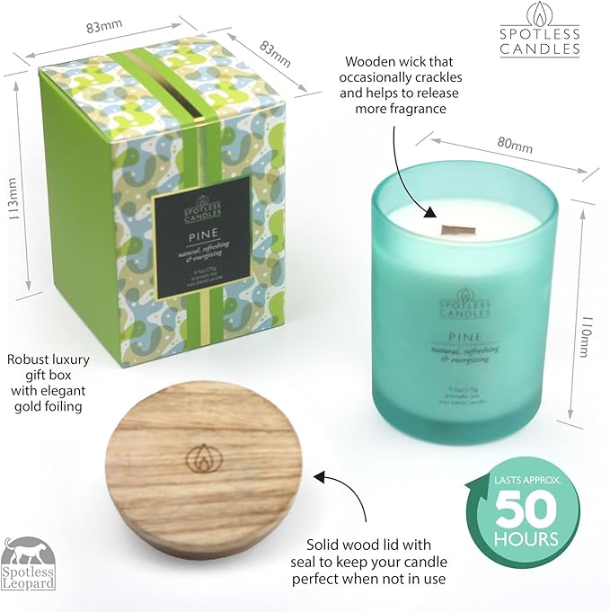 Pine Candle 9.7 oz: 55 Hrs Burn Time - Pine Scented Candles in Frosted Glass Jar with Wooden Crackling Wick in a Luxurious Gold Foil Lined Gift Box