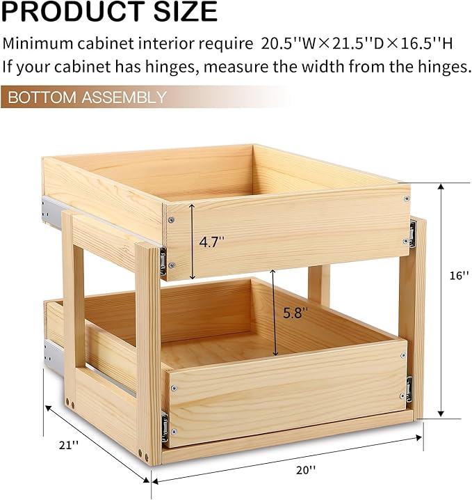 Mulush Pull Out Cabinet Organizer 20''W×21''D×16''H Soft Close Slide Out Wood Drawer Shelves for Kitchen, Finished, Bottom Assembly(Cabniet Require Opening >20.5'', Depth>21.5'', Height>16.5'')