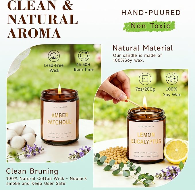 Candles for Home Scented, 4 Pack Soy Candle Non Toxic, Spring Aroma Candles with Lavender Thyme,Magnolia & Sandalwood,Amber Patchouli,Lemon Eucalyptus - Candle Gifts Set for Women & Mothers Day