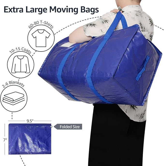 Moving Bags Heavy Duty Extra Large, Moving Boxes, Moving Supplies Essentials, Blue Storage Bins with Lids, Plastic Packing Totes, Storage Bags for Clothes with Handles & Zippers(Blue, 12 Pack)