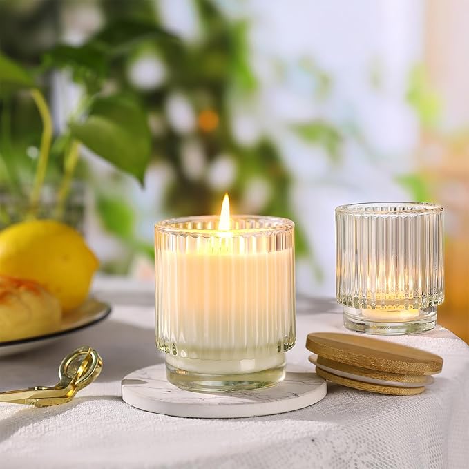 DEVI 7oz Empty Clear Ribbed Glass Candle Jars for Making Candles Set of 8,Glass Candle Jars with Bamboo Lids, Bulk Empty Candle Containers, Candle Tins Making Supplies, Wedding Favors