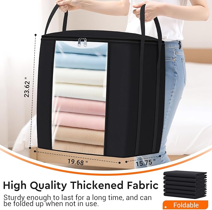 TasticTotes 120L Extra Large Clothes Storage Bags, Foldable Blanket Storage and Organization, Thick Fabric Containers with Reinforced Handles & Zippers for Clothing, Comforters, Bedding, Black, 4 Pack