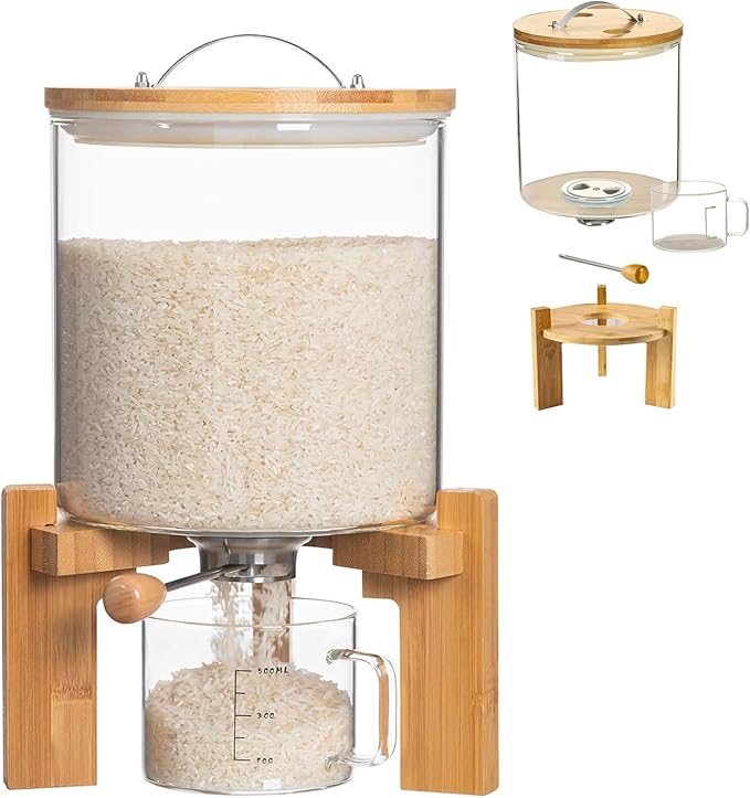 Glass Rice Dispenser 5L, Cereal Dispenser Countertop, Grain Dispenser/Food Storge Container for Kitchen and Pantry Organization, Cereal Dispenser with Bamboo Holder