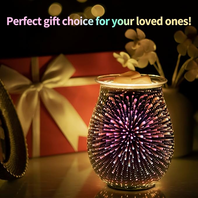 EQUSUPRO 3D Glass Electric Wax Melts Warmer Wax Burner Melter Fragrance Warmer for Home Office Bedroom Living Room Gifts & Decor (3D Fireworks)