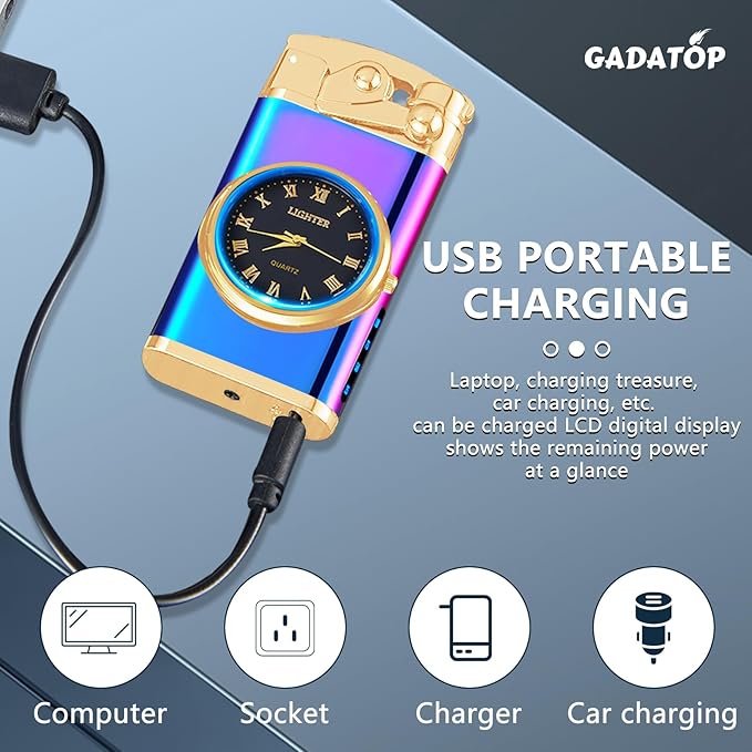 GADATOP Electric Lighter Rechargeable USB Lighter Flameless Windproof Lighter Personalized Creative Rocker Double Arc Plasma Lighter with Luminous Dial LED for Men and Women Gifts (Color Ice)