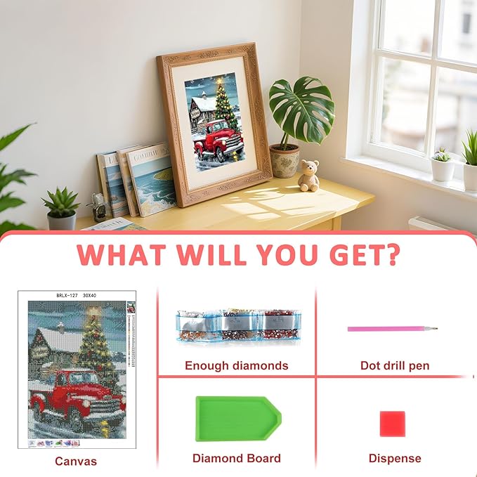Skyboda Red Truck Diamond Art Kits for Adults Beginners, Christmas Tree Diamond Painting Kits for Adults,5D Full Drill DIY Diamond Dot Gem Art Kit Wall Home Decor Arts Craft 12x16 inch