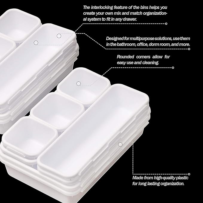 Set of 12 Interlocking Desk Drawer Organizer Tray Dividers Plastic Shallow Narrow Drawers Organizers Separators Storage Bins Container for Kitchen Bathroom Makeup Office Vanity Bedroom Dresser White