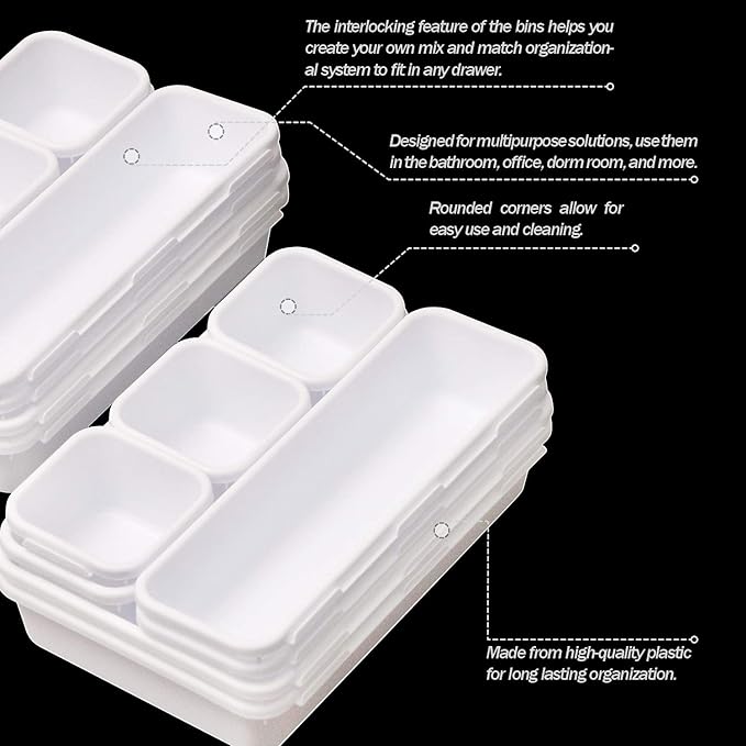 TENABORT 42 Pack Interlocking Desk Drawer Organizer Tray Dividers Plastic Shallow Narrow Drawers Organizers Separators Storage Bins Container for Kitchen Bathroom Makeup Office Vanity Dresser White