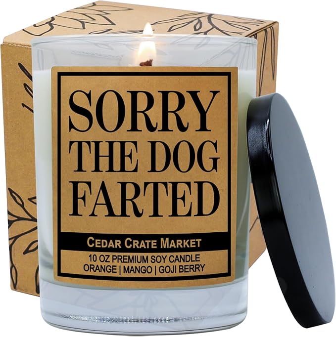 Cedar Crate Market Funny Dog Candle - “Sorry The Dog Farted” Soy Candle | Pet Odor Eliminator Gift | Orange Mango Goji Berry Scented| Hand-Poured USA Made, Pet Owner Gift, Housewarming, Gag