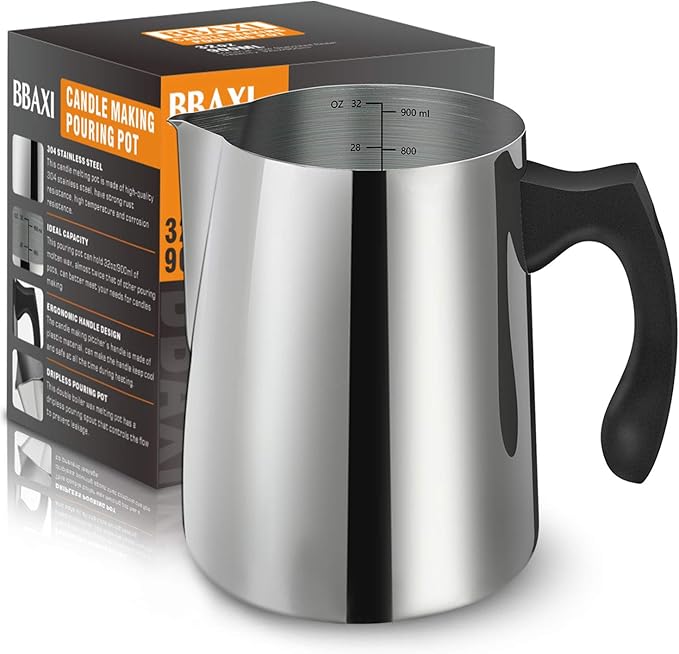 BBAXI Candle Making Pouring Pot, 32oz Double Boiler Wax Melting Pot, 304 Stainless Steel Candle Making Pitcher with Heat-Resistant Handle and Dripless Pouring Spout Design