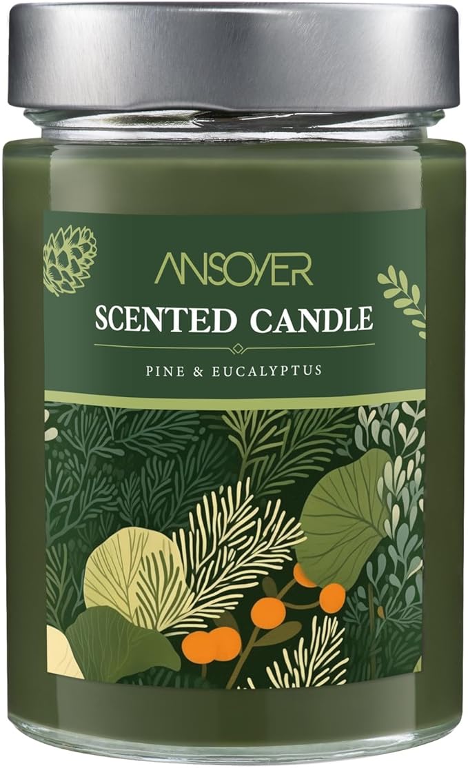 Scented Soy Candle, Aromatherapy Jar Candles for Home Scented, Long Lasting with 70 Hour Burn Time 11oz, Gifts, Soy Candles Scents of (Pine & Eucalyptus)