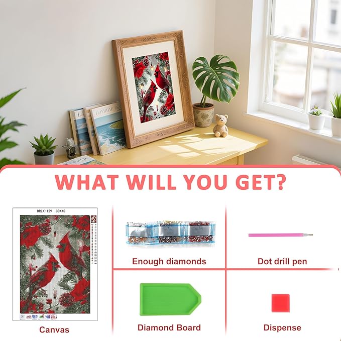 Skyboda Christmas Diamond Art Kits for Adults Beginners, North American Cardinal Diamond Painting Kits for Adults,5D Full Drill DIY Diamond Dot Gem Art Kit Wall Home Decor Arts Craft 12x16 inch
