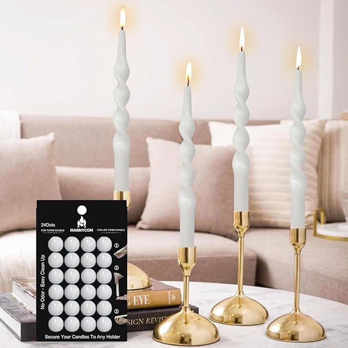 Taper Candle Sticky Dots - 24pcs Spiral Candle Sticky Dots Candles Adapter Soft Wax Candle Holder Accessories for Secure Candle Placement - White