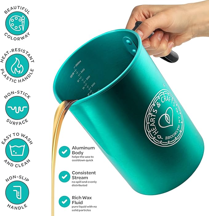 Hearts & Crafts Candle Pots, 64oz. Aluminum Candle Pouring Pitcher - Candle Making Pouring Pot for 4lb. Melted Wax, Teal Color - Best for Candles, Arts & Crafts, and More