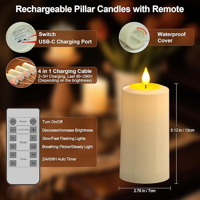 PChero Rechargeable Flameless Candles with Remote Timer, 4 Packs 5.1" x 2.7" Outdoor Waterproof Battery Operated LED Flickering Electric Fake Pillar Candles for Lanterns Porch Patio Decor