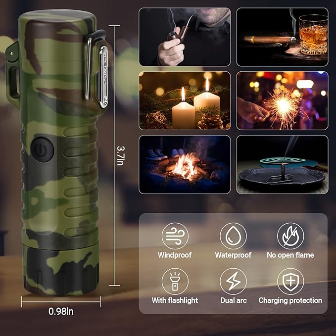 Scotte Plasma Windproof arc Lighter Electric Lighter and LED Flashlight - 2 in 1(Army Green)