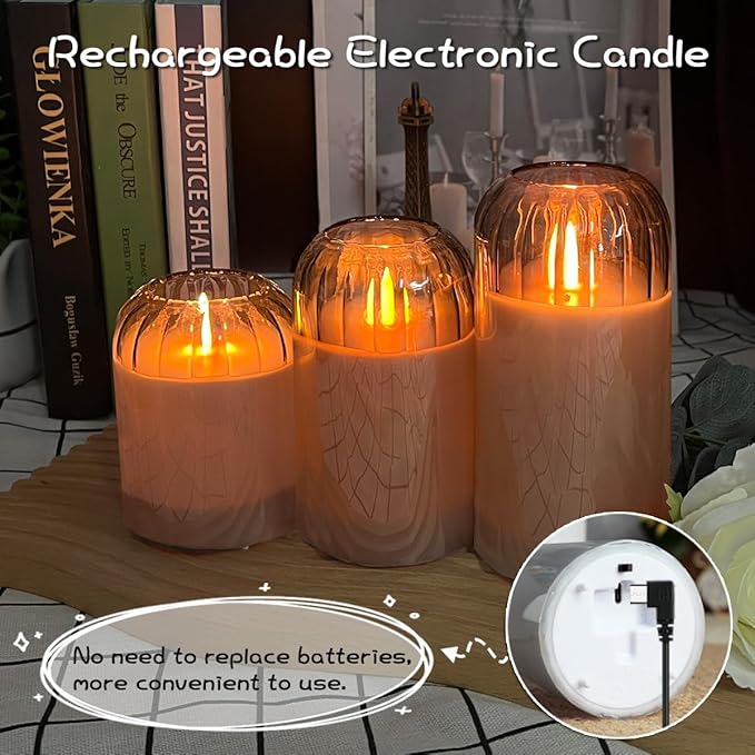 Rechargeable Jar Flameless Candle, Flashing LED Pillar Real Wax Candle with Remote Control and Timer, Black Pumpkin Glass Electronic Candles for Room Decoration, 1 Set of 3