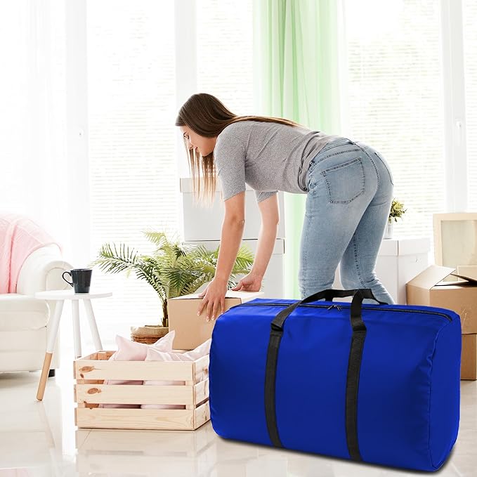 4 Pack 96L Extra Large Moving Bags with Zippers & Carrying Handles for Storage, Packing, Traveling, Camping, Langdry, Big Heavy Duty Moving Totes Bags for Clothes, Supplies and Space Saving Blue