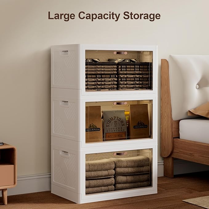 JOYMOOP Folding Storage Bins Organizer, 49.6 Quart Collapsible Storage Box with Wheels and Door, Stackble Plastic Storage Container for Clothing, Books and Sundries (XL, 12.4 Gal, 1 Tier)