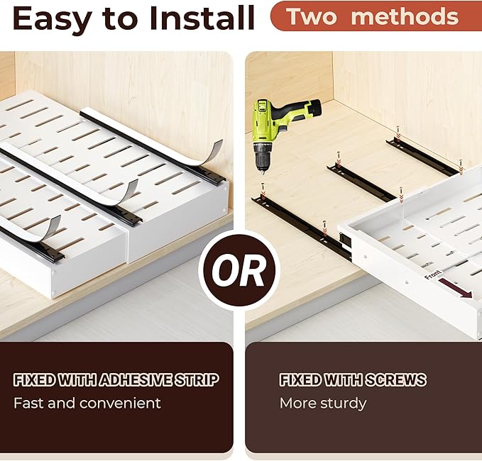 2 Pack Pull Out Cabinet Organizers, Width (12"-19") and Depth (17"-23") Expandable With 3 Slides, No Drill Slide out Drawers Adhesive Film or Nail Cabinets Without Lip in Kitchen, Pantry or Bathroom