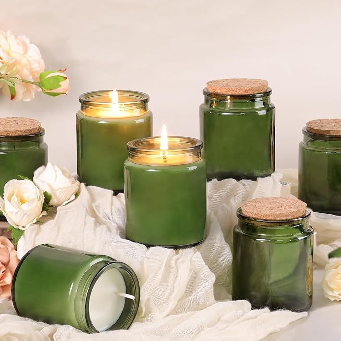 Lanttu 12 Pack Green Candle Jars for Making Candles, 7.5oz Glass Jars with Wooden Lids and Labels, Candle Making Supplies Candle Containers for Home DIY, Gifts, Table Decor