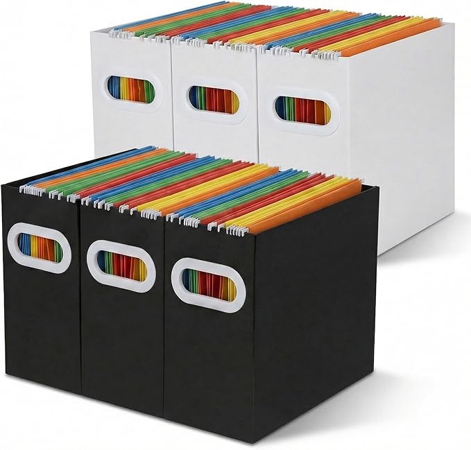 Hanging File Organizer Box, 6 Pack Cardboard File Folder Holder-Black and White(3 Each) for Letter Size, Portable Desk Document Storage with Handles, for Office,Home,School