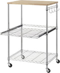 Finnhomy 3-Tier Rolling Kitchen Cart, Microwave Cart with Oak Wood Tabletop and Drawer Slider, Coffee Cart & Food Service Cart with Hooks, Chrome