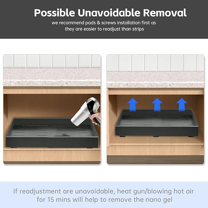 2Pack Expandable Pull Out Cabinet Organizer 21" Deep - Sliding Drawer Organizer Roll Out Shelves Adhesive - Adjustable Width 15.2"-26.2" W (Black)