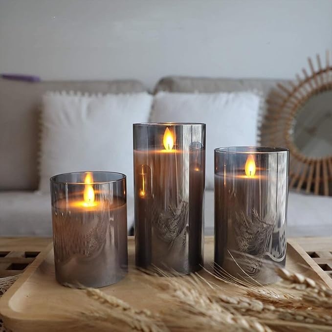 Glass Flameless Candles with Remote Timer, LED Battery Operated Candles with 3D Flickering Wick, Set of 3 Glass and Real Wax Pillar Candle for Halloween Christmas Wedding Home Decor