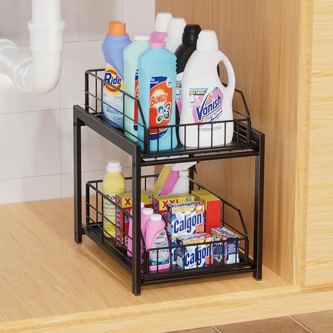 2 Tier Sliding Basket Drawer Organizer, Pull Out Under Sink Cabinets Organizers, Metal Home Shelf for Bathroom or Kitchen, Sliding Countertop or Pantry Storage Shelf, Black