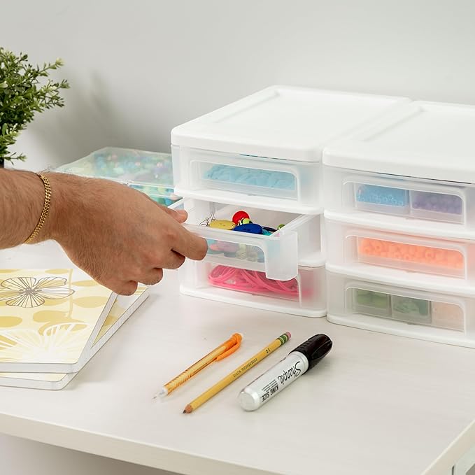 IRIS USA Plastic Stacking Desk Top 3-Drawer Storage Organizer, 2-Pack, for Makeup Vanity Nail Polish Bathroom Stationery Art Craft Supplies Kitchen Office Garage and Small Organization, Small, White