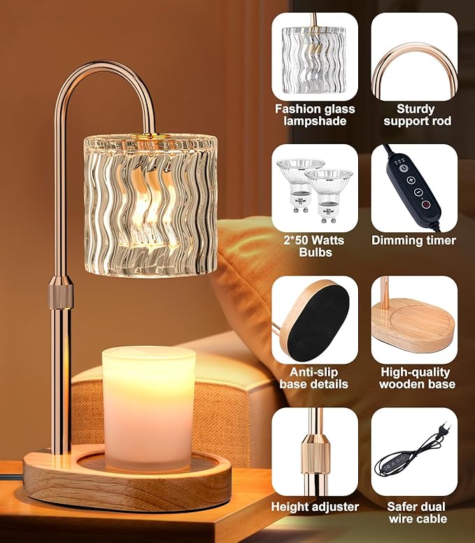 Candle Warmer Lamp Electric: Dimmable Timer Candles Warming Lamps - No Flame Scented Melts Wax - Height Adjustable Burner Jar - All Candle Jars Home Decor Table Light