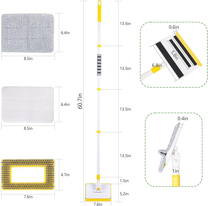 Baseboard Cleaner Tool with Long Handle,Wall Cleaner Mop with Extendable Handle 1 Stiff Bristles mop Head and 4 Reusable Cleaning Pads，Duster for Cleaning Tile Ceiling Window Skirting Board