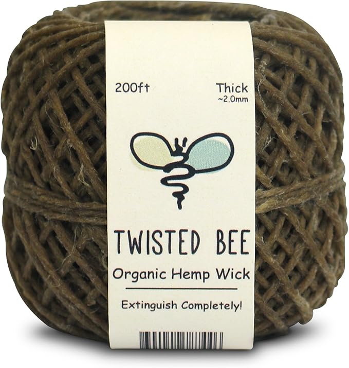 100% Organic Hemp Wick with Natural Beeswax Coating, Twisted Bee (200ft x Thick Diameter)